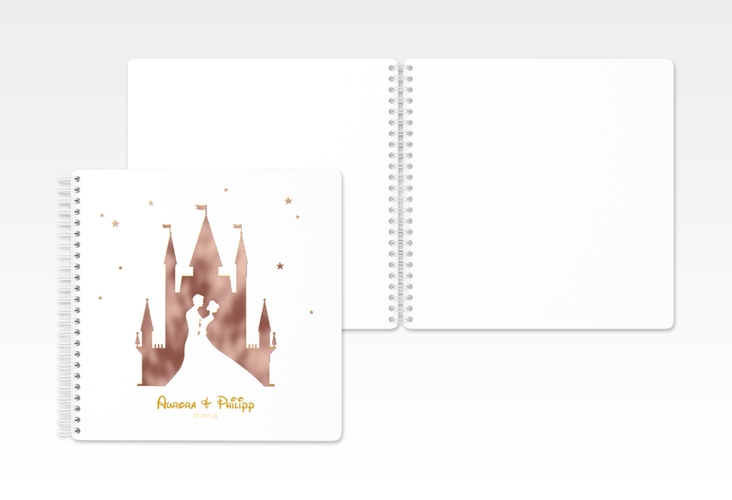 Gästebuch Hochzeit Castle Ringbindung gold rosegold mit Silhouette von Märchenschloss mit Prinz und Prinzessin