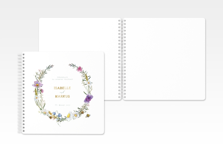 Gästebuch Hochzeit Blumengarten Ringbindung bunt gold mit Blumenkranz und Hummel