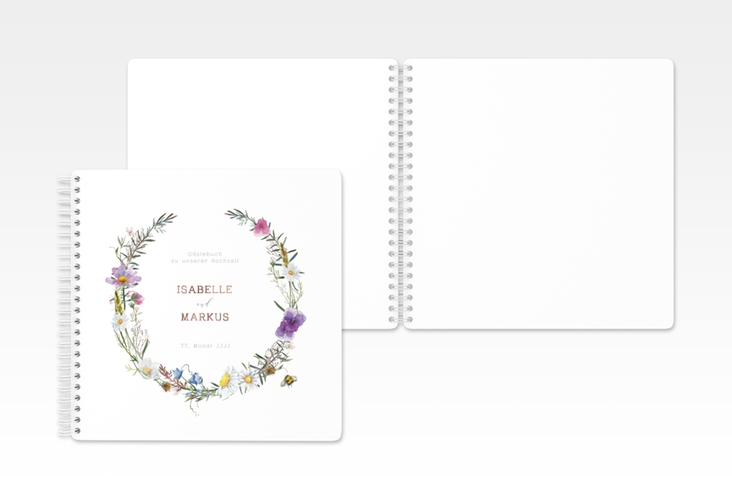 Gästebuch Hochzeit Blumengarten Ringbindung bunt rosegold mit Blumenkranz und Hummel