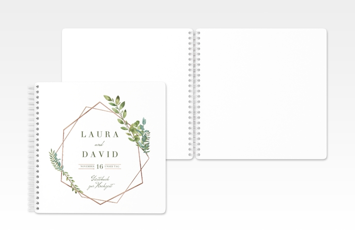 Gästebuch Hochzeit Herbarium Ringbindung gold rosegold mit geometrischem Rahmen und Blätter-Dekor