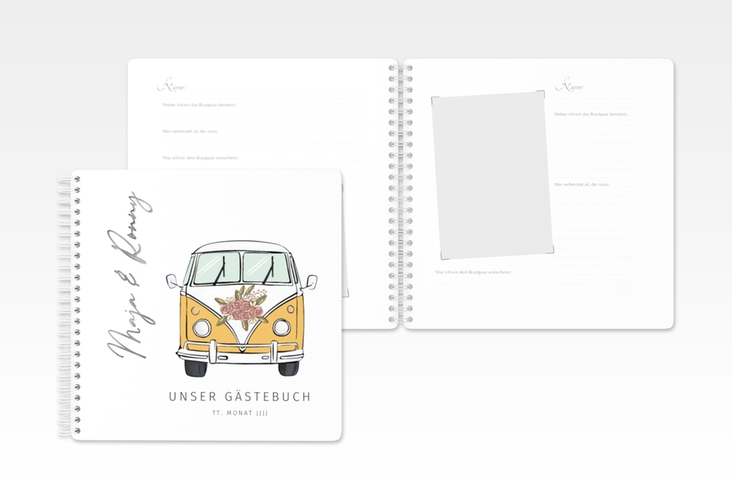 Gästebuch Hochzeit Hochzeitsbulli Ringbindung gelb silber