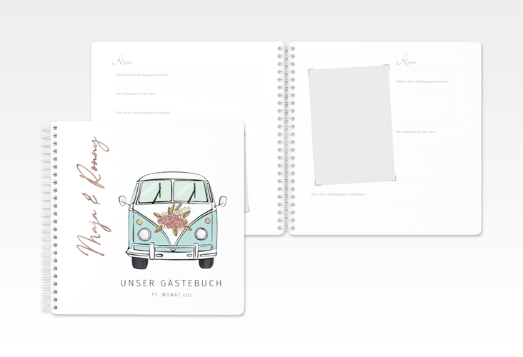 Gästebuch Hochzeit Hochzeitsbulli Ringbindung blau rosegold