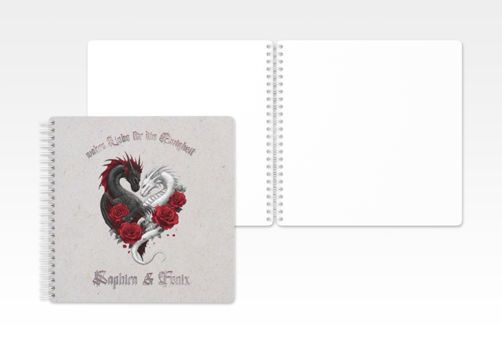 Gästebuch Hochzeit Drachenliebe Ringbindung grau silber mit schwarzem und weißem Drachen zu einem Herz verschlungen