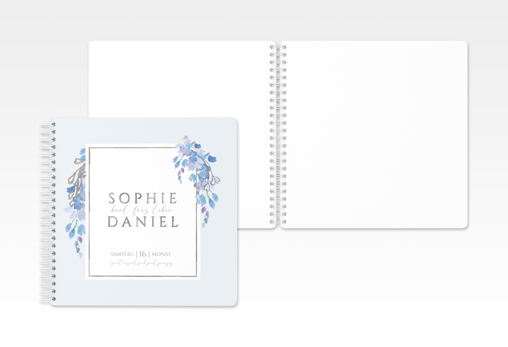 Gästebuch Hochzeit Blauregen Ringbindung blau silber mit Wisteria-Blüten