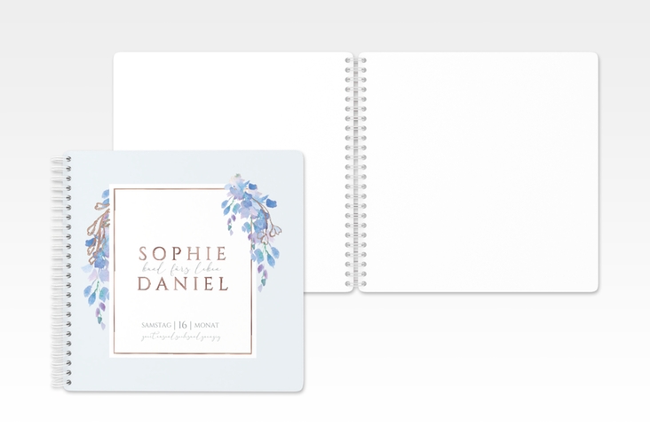 Gästebuch Hochzeit Blauregen Ringbindung blau rosegold mit Wisteria-Blüten