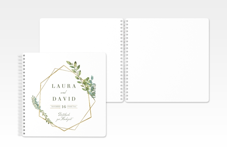 Gästebuch Hochzeit Herbarium Ringbindung grau gold mit geometrischem Rahmen und Blätter-Dekor