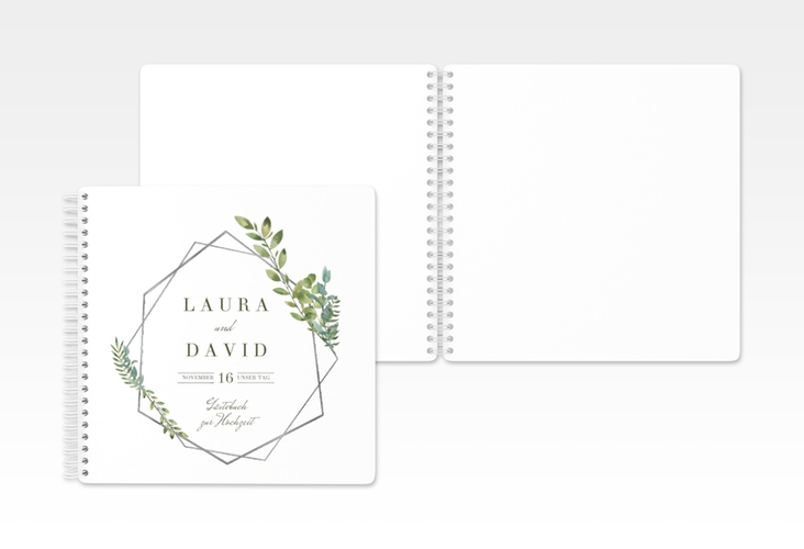 Gästebuch Hochzeit Herbarium Ringbindung grau silber mit geometrischem Rahmen und Blätter-Dekor