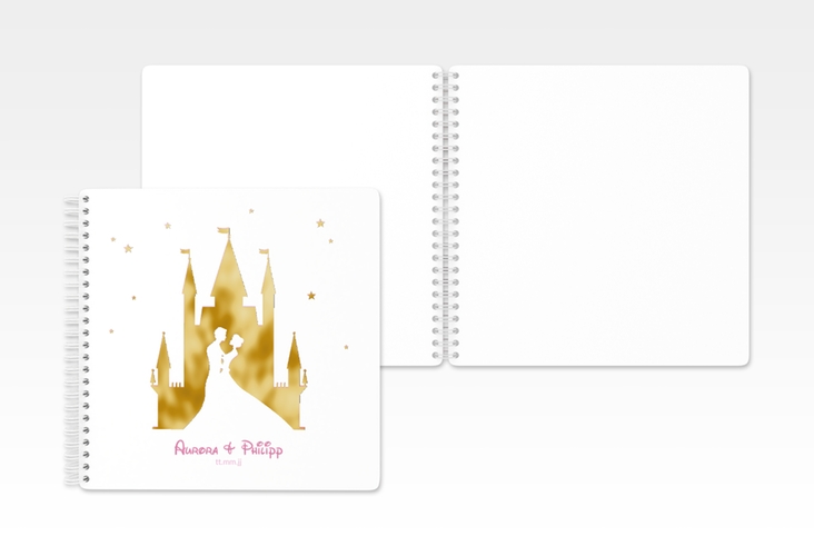 Gästebuch Hochzeit Castle Ringbindung rosa gold mit Silhouette von Märchenschloss mit Prinz und Prinzessin
