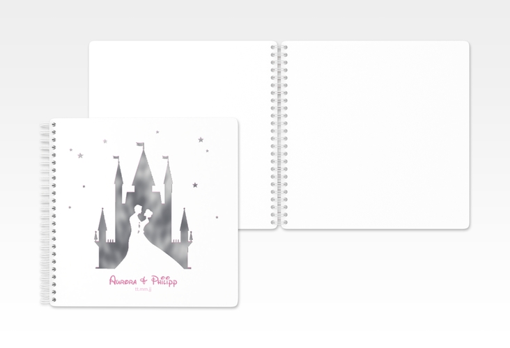 Gästebuch Hochzeit Castle Ringbindung rosa silber mit Silhouette von Märchenschloss mit Prinz und Prinzessin
