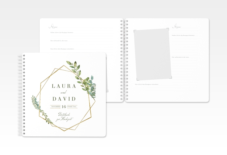 Gästebuch Hochzeit Herbarium Ringbindung grau gold mit geometrischem Rahmen und Blätter-Dekor