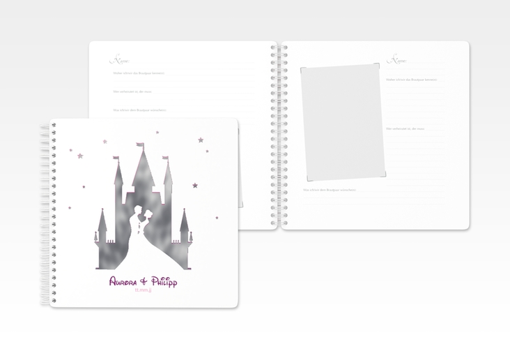 Gästebuch Hochzeit Castle Ringbindung pink silber mit Silhouette von Märchenschloss mit Prinz und Prinzessin