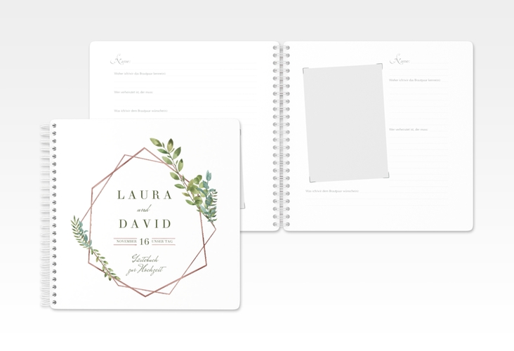 Gästebuch Hochzeit Herbarium Ringbindung rosa rosegold mit geometrischem Rahmen und Blätter-Dekor