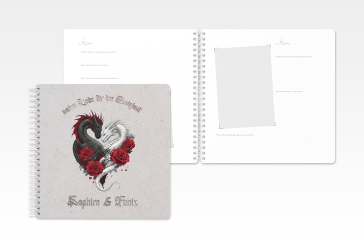 Gästebuch Hochzeit Drachenliebe Ringbindung grau silber mit schwarzem und weißem Drachen zu einem Herz verschlungen