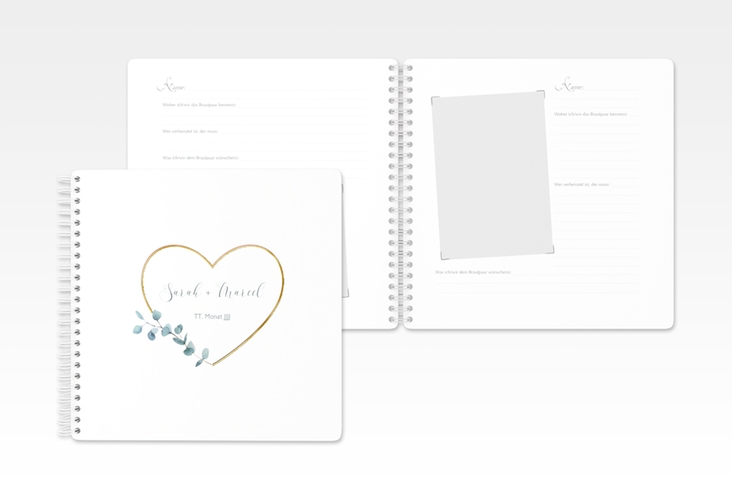 Gästebuch Hochzeit Greenheart Ringbindung rosa gold mit elegantem Herz und Eukalyptus-Zweig