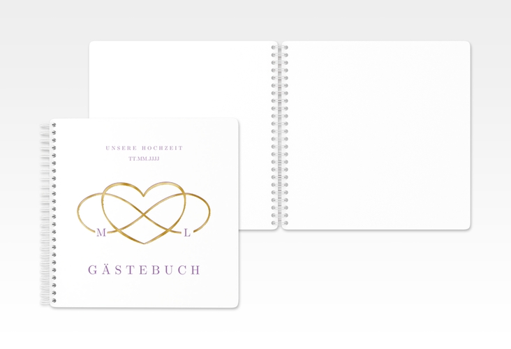 Gästebuch Hochzeit Infinity Ringbindung lila gold