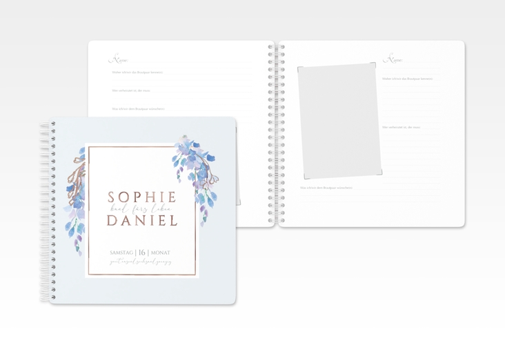 Gästebuch Hochzeit Blauregen Ringbindung blau rosegold mit Wisteria-Blüten