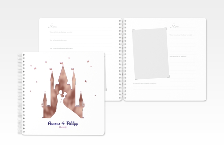 Gästebuch Hochzeit Castle Ringbindung lila rosegold mit Silhouette von Märchenschloss mit Prinz und Prinzessin