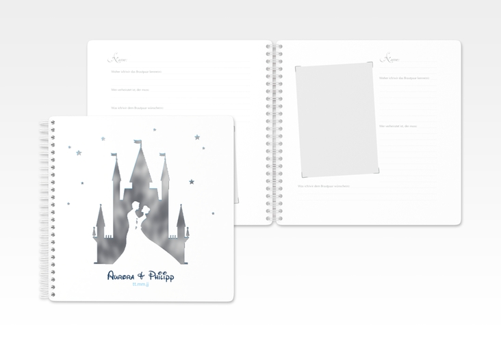 Gästebuch Hochzeit Castle Ringbindung blau silber mit Silhouette von Märchenschloss mit Prinz und Prinzessin