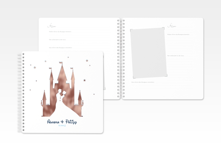 Gästebuch Hochzeit Castle Ringbindung blau rosegold mit Silhouette von Märchenschloss mit Prinz und Prinzessin