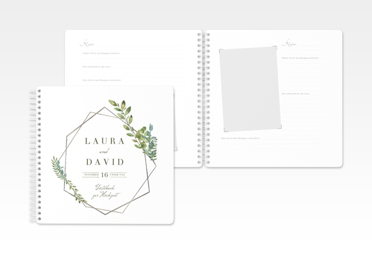 Gästebuch Hochzeit Herbarium Ringbindung gold silber mit geometrischem Rahmen und Blätter-Dekor