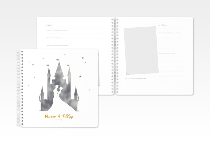 Gästebuch Hochzeit Castle Ringbindung gold silber mit Silhouette von Märchenschloss mit Prinz und Prinzessin