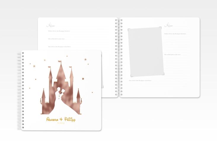 Gästebuch Hochzeit Castle Ringbindung gold rosegold mit Silhouette von Märchenschloss mit Prinz und Prinzessin