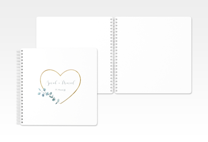 Gästebuch Hochzeit Greenheart Ringbindung rosa gold mit elegantem Herz und Eukalyptus-Zweig