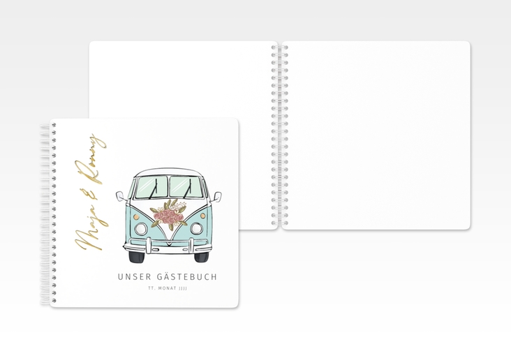 Gästebuch Hochzeit Hochzeitsbulli Ringbindung blau gold