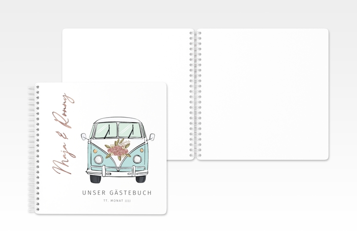 Gästebuch Hochzeit Hochzeitsbulli Ringbindung blau rosegold