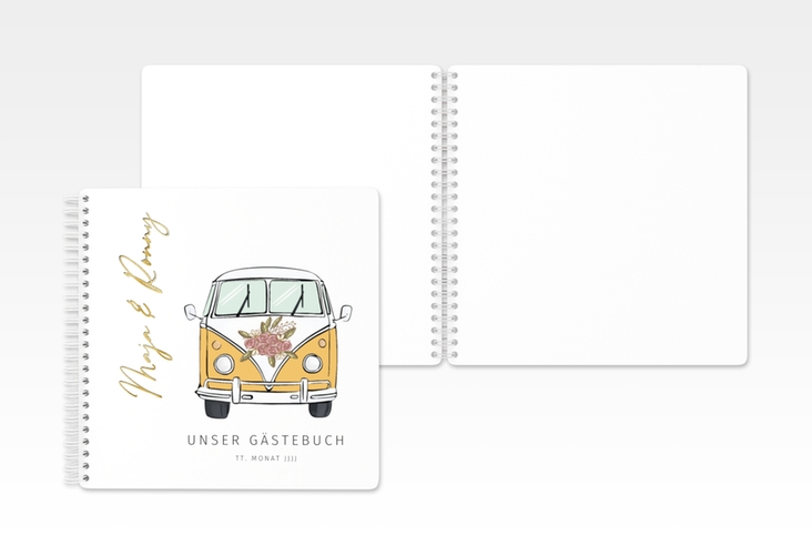 Gästebuch Hochzeit Hochzeitsbulli Ringbindung gelb gold