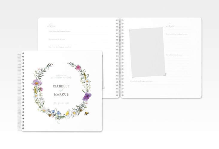 Gästebuch Hochzeit Blumengarten Ringbindung bunt silber mit Blumenkranz und Hummel
