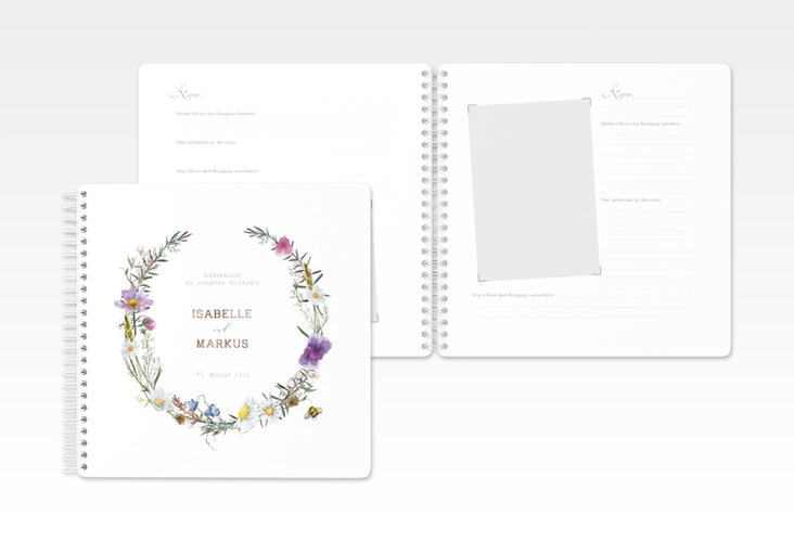 Gästebuch Hochzeit Blumengarten Ringbindung bunt rosegold mit Blumenkranz und Hummel