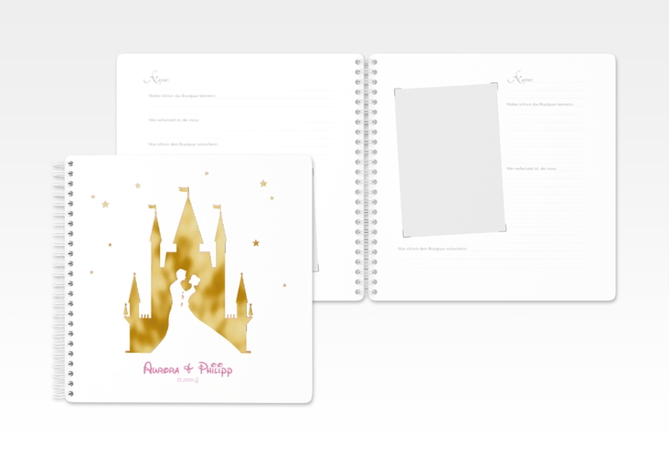 Gästebuch Hochzeit Castle Ringbindung rosa gold mit Silhouette von Märchenschloss mit Prinz und Prinzessin
