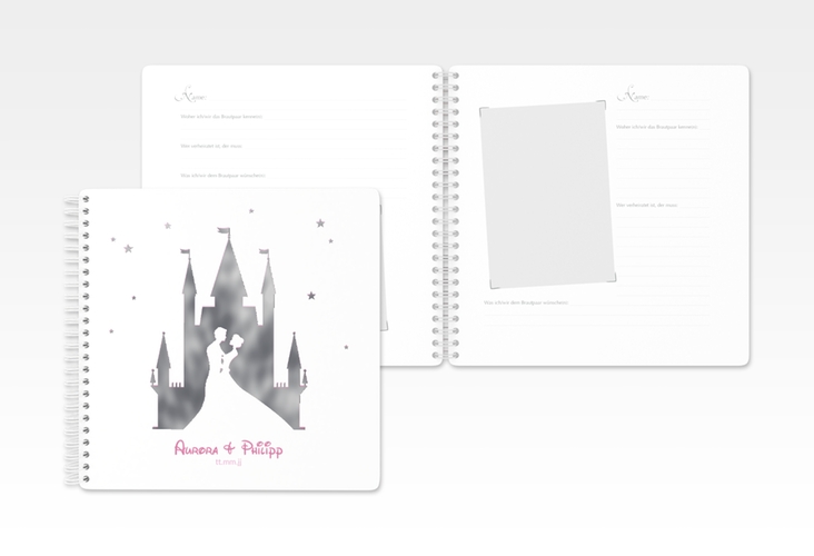 Gästebuch Hochzeit Castle Ringbindung rosa silber mit Silhouette von Märchenschloss mit Prinz und Prinzessin