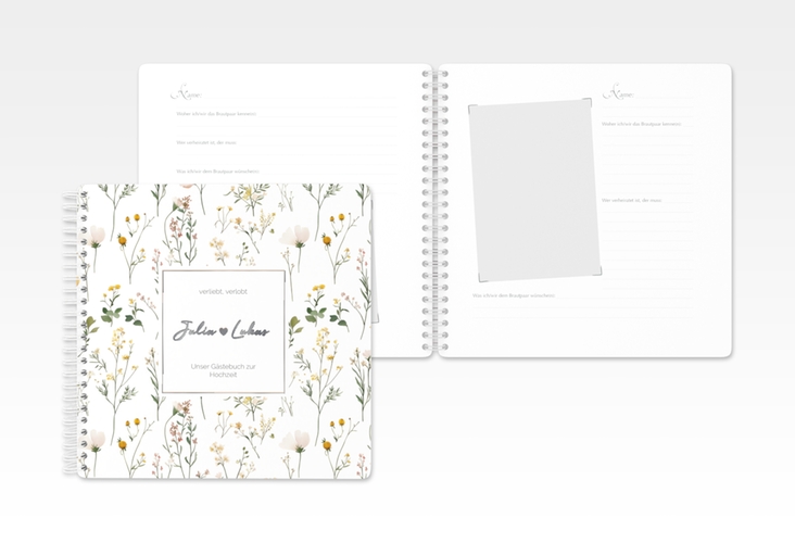 Gästebuch Hochzeit Blumenwiese Ringbindung bunt silber