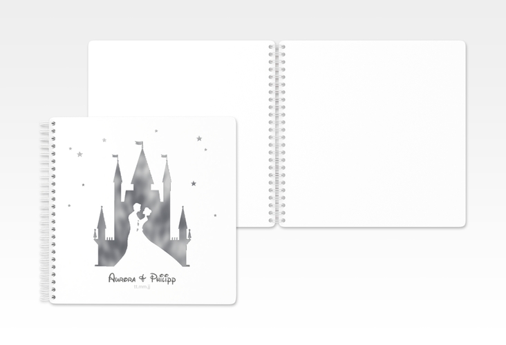 Gästebuch Hochzeit Castle Ringbindung grau silber mit Silhouette von Märchenschloss mit Prinz und Prinzessin