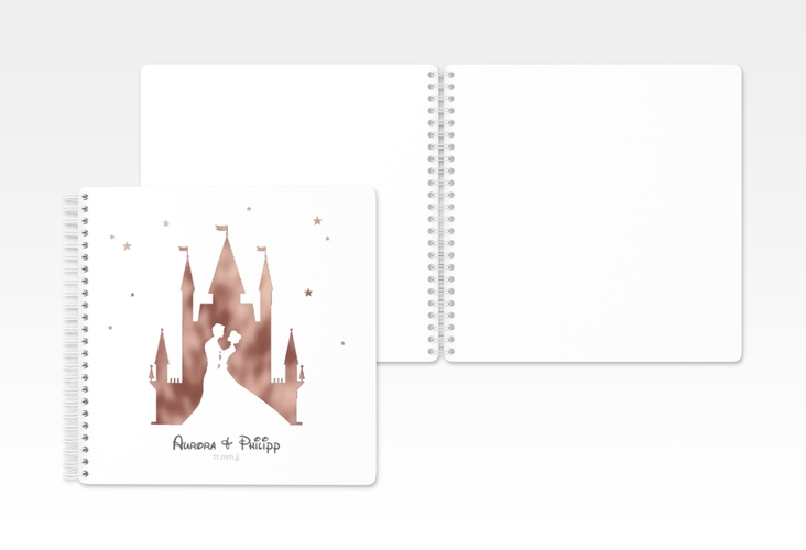 Gästebuch Hochzeit Castle Ringbindung grau rosegold mit Silhouette von Märchenschloss mit Prinz und Prinzessin