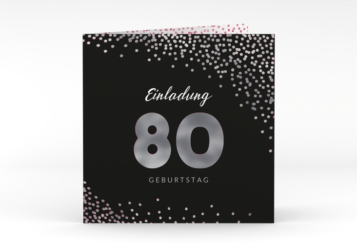 Einladung 80. Geburtstag Glitzer quadr. Klappkarte pink silber