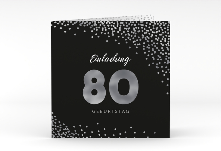 Einladung 80. Geburtstag Glitzer quadr. Klappkarte grau silber