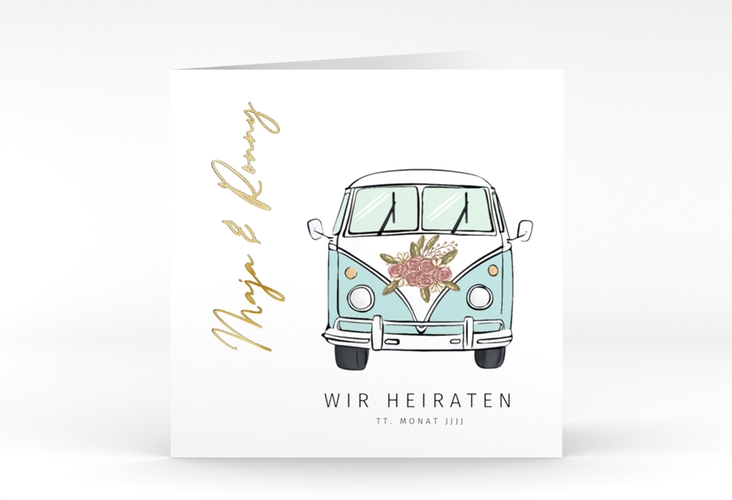 Hochzeitseinladung Hochzeitsbulli quadr. Klappkarte blau gold