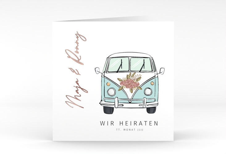 Hochzeitseinladung Hochzeitsbulli quadr. Klappkarte blau rosegold