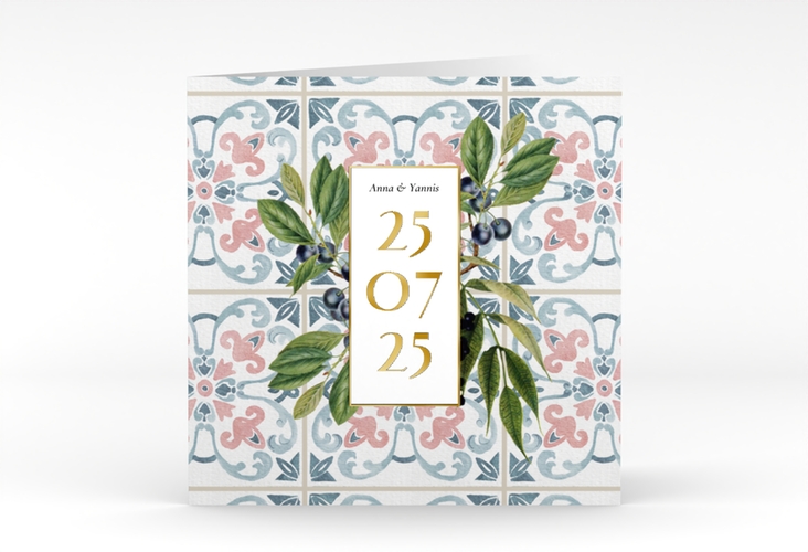 Hochzeitseinladung Mediterraner Flair quadr. Klappkarte bunt gold mit Auzlejo-Fliesenmuster und Lorbeer