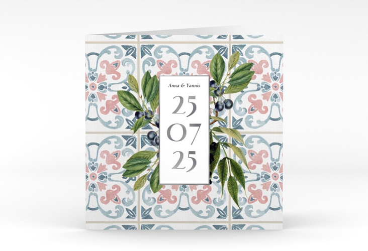 Hochzeitseinladung Mediterraner Flair quadr. Klappkarte bunt silber mit Auzlejo-Fliesenmuster und Lorbeer