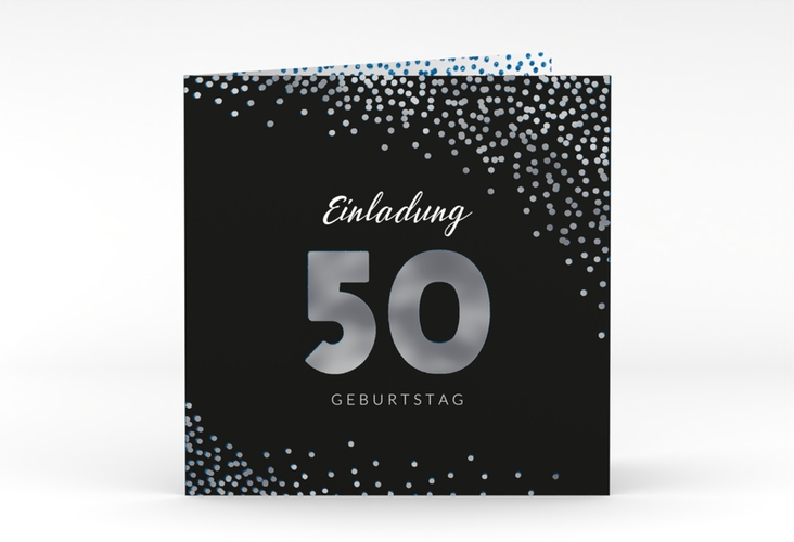 Einladung 50. Geburtstag Glitzer quadr. Klappkarte blau silber