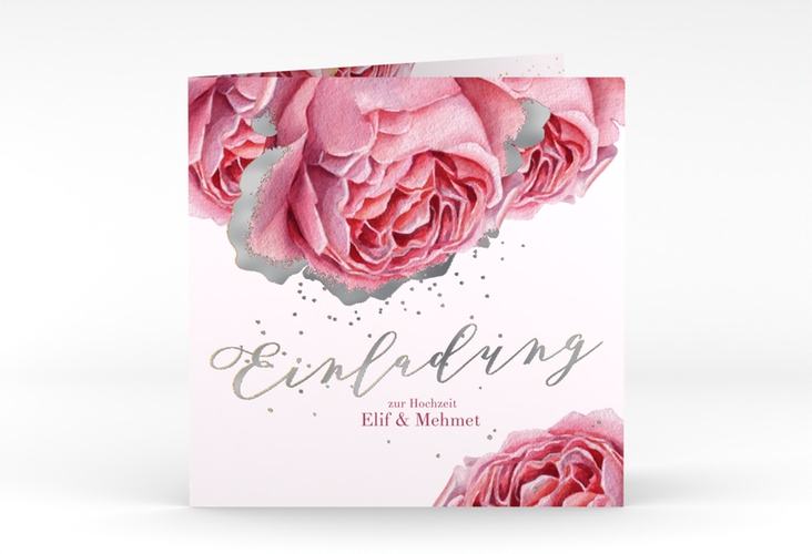 Hochzeitseinladung Cherie quadr. Klappkarte rosa silber