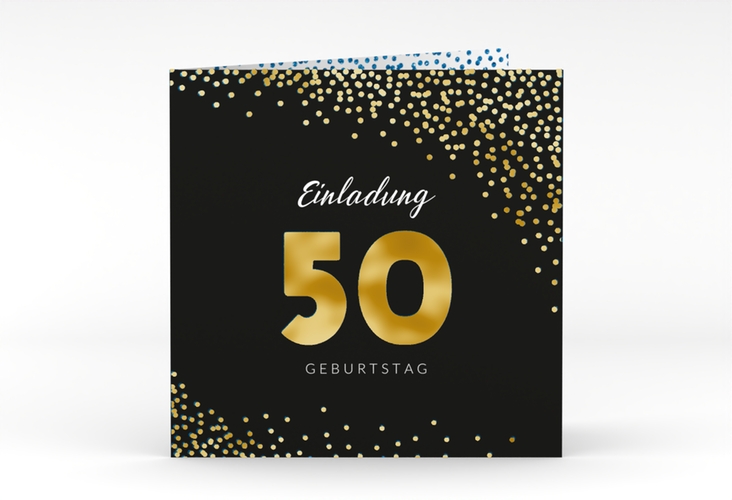 Einladung 50. Geburtstag Glitzer quadr. Klappkarte blau gold