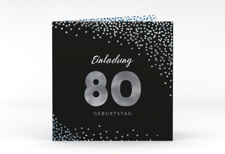 Einladung 80. Geburtstag Glitzer quadr. Klappkarte blau silber