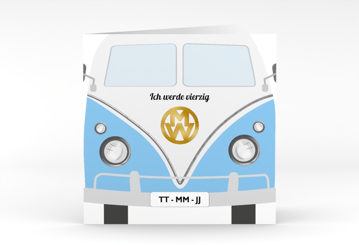 Einladung 40. Geburtstag Bulli Bus quadr. Klappkarte blau gold