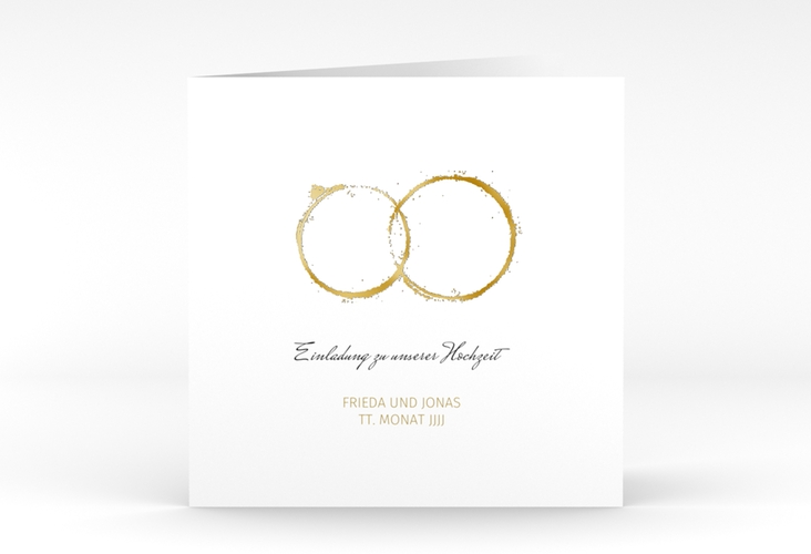 Hochzeitseinladung Trauringe quadr. Klappkarte gold gold minimalistisch gestaltet mit zwei Eheringen