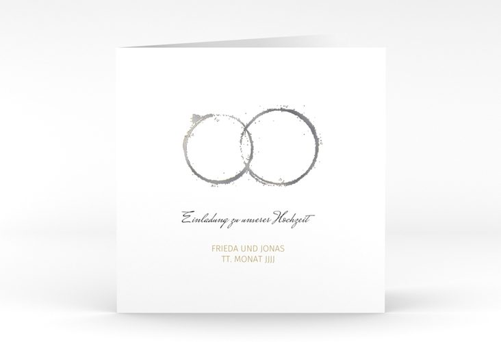 Hochzeitseinladung Trauringe quadr. Klappkarte gold silber minimalistisch gestaltet mit zwei Eheringen